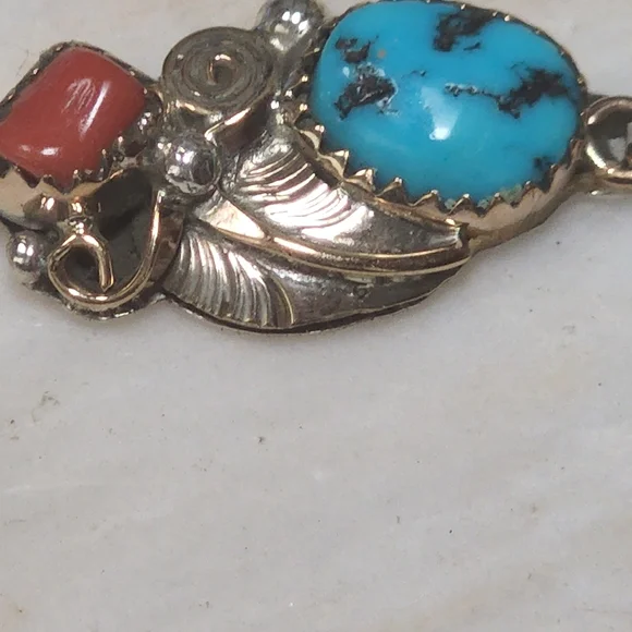 Native American Turquoise and Coral Sterling Silver & Gold Bracelet - Picture 4 of 5